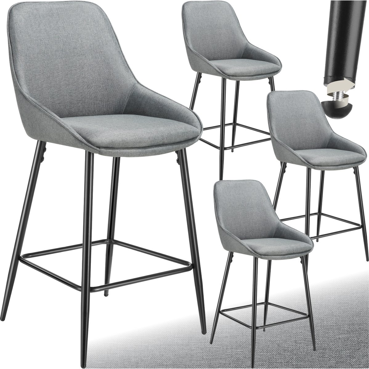 Tectake Set van 4 Barkrukken Siera - Gestoffeerde Barkruk met rugleuning - Barstoelen - Barstoel met voetensteun - Eetkamerstoel met stoffen bekleding en zachte schuimvulling - Stevige stalen poten met antislip vloerbescherming - Grijs/Zwart Zwart/Grijs
