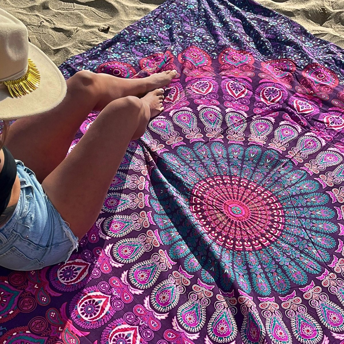 Bohemida - XXL Groot Vakantie Strandlaken -tweepersoons 220x235cm Ibiza Strandkleed - 100% Katoen - Purple Paradise ( paarse Mandala) - Sneldrogende Strandlakens