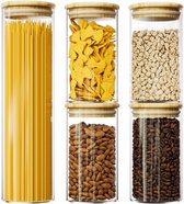 Bocaux en Glas avec couvercle en bambou - Set de 5 - 1150 ml / 520 ml - Hermétiques - Verre borosilicaté - Cuisine pour spaghettis, pâtes et biscuits