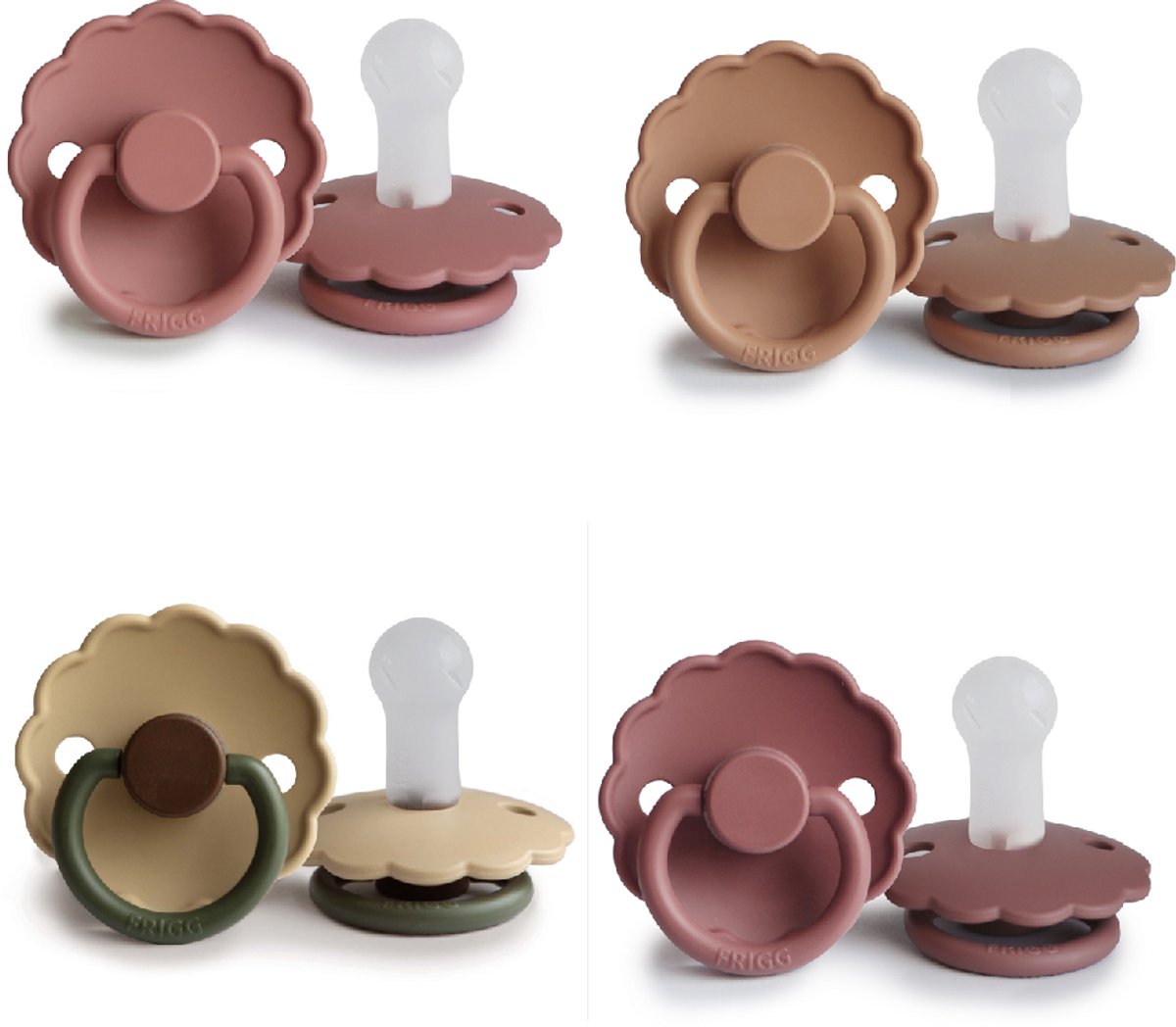 Goedkoopste FRIGG DAISY Fopspeen set 4 stuks - Siliconen - Maat 2 - vanaf 6 maanden - Woodchuck - Peach Brons - Powder Blush - Acorn
