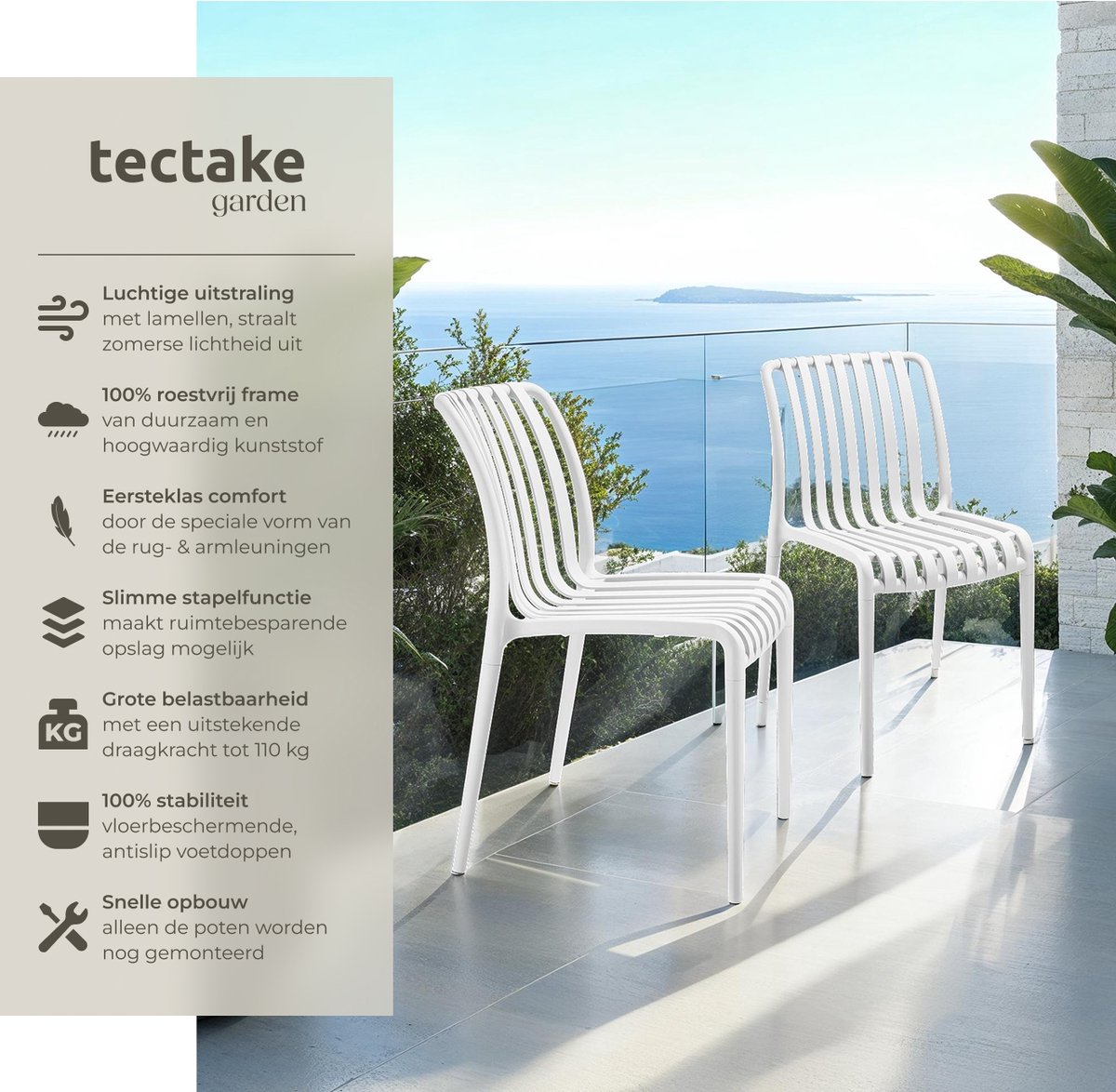 tectake® Set van 2 Tuinstoelen Alcudia - Creme - Kunststof Stoelen - Stapelbaar - Stoelen voor Tuin, Terras of Balkon - Weerbestendig en UV-bestendig - Draagkracht 120kg per Tuinstoel – foto 6