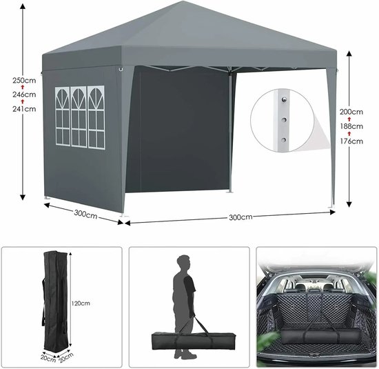 Wiltec Pop-up Pavilion Folding Garden Gazebo with Wheels One Push Tent in White 3 x 3 m