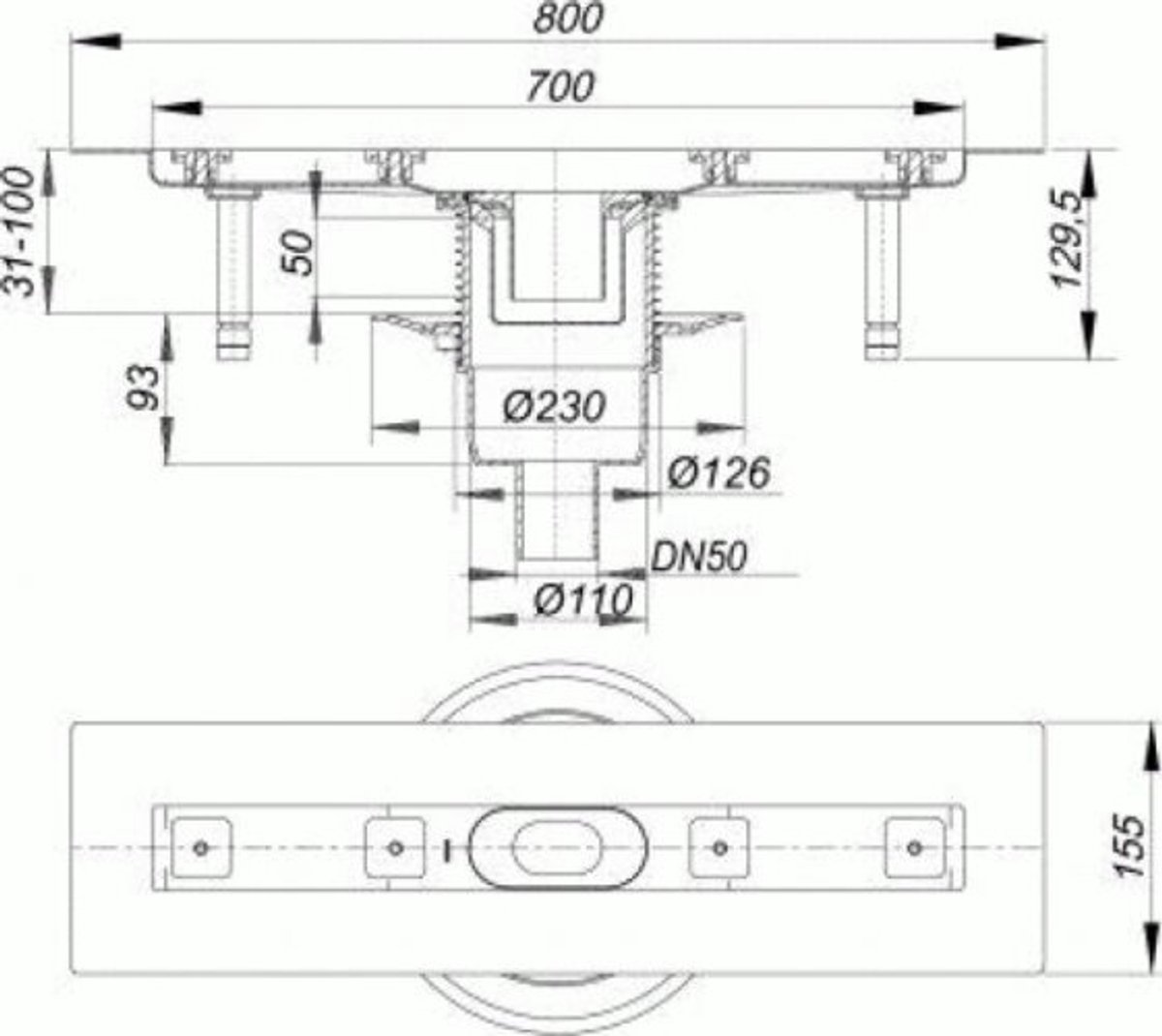 DALLMER douchegoot CeraLine verticaal F, 700mm, DN 50 Totale hoogte 110mm, 521620