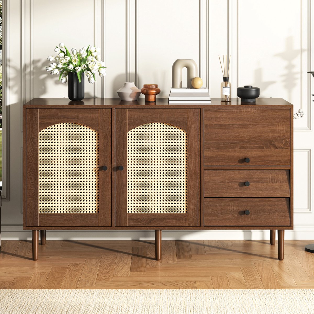Sweiko Sideboard Met rotan inzetstuk, breedte 130 cm, met drie deuren en twee onregelmatige laden 130*75.5*40 cm Bruin
