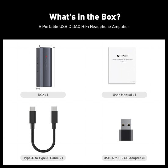 Fosi Audio DS2 USB DAC & Hoofdtelefoonversterker – Hi-Res Audio – DSD512 – 3,5 mm & 4,4 mm – Compact – Zwart — afbeelding 4