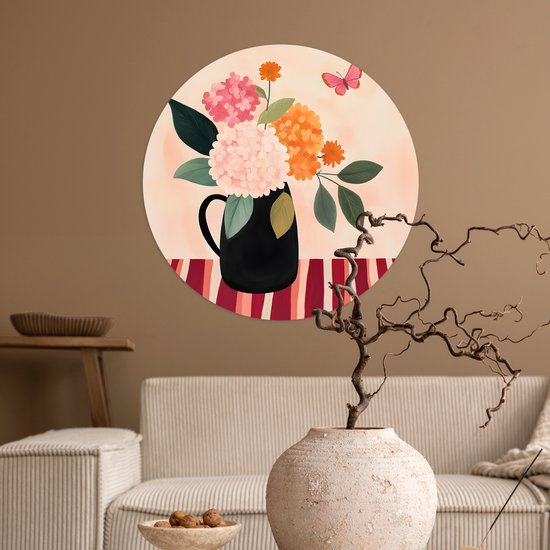 WallCircle® - Papier peint cercle 50x50 cm - Stickers muraux Vase - Fleurs - Papillon - Rouge - Cercle mural salon - Cercle mural chambre - Décoration de chambre autocollante - Accessoires de Décoration murale