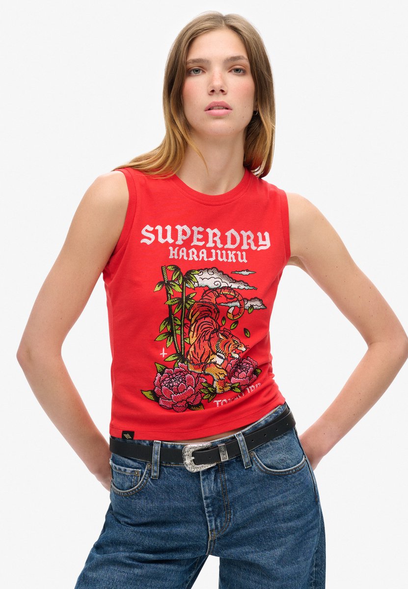 Superdry Tattoo Rhinestone-hemdje Dames Vesten Rood