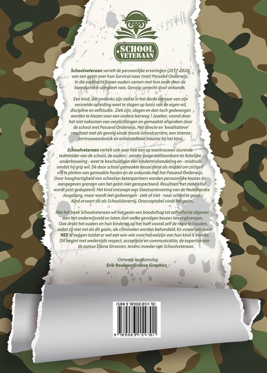 Boek "Schoolveteraan" met camouflagepatroon en gescheurde randen. Titel en tekst over overleven en passend onderwijs.