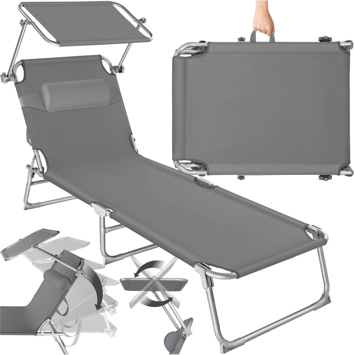 Bol.com tectake® Ligstoel met Zonnescherm - Opvouwbaar Ligbed - Zonnebed met Verstelbare Rugleuning in 4 Standen - Inclusief Hoo... aanbieding