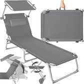 tectake® Ligstoel met Zonnescherm - Opvouwbaar Ligbed - Zonnebed met Verstelbare Rugleuning in 4 Standen - Inclusief Hoofdkussen - Strandstoel voor Buiten - Ideaal voor Tuin, Zwembad, Camping - Grijs