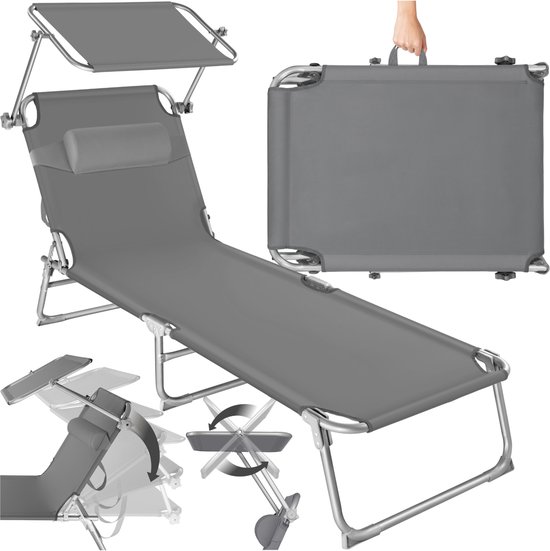 tectake® Ligstoel met Zonnescherm - Opvouwbaar Ligbed - Zonnebed met Verstelbare Rugleuning in 4 Standen - Inclusief Hoofdkussen - Strandstoel voor Buiten - Ideaal voor Tuin, Zwembad, Camping - Grijs