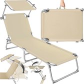 tectake® Ligstoel met Zonnescherm - Opvouwbaar Ligbed - Zonnebed met Verstelbare Rugleuning in 4 Standen - Inclusief Hoofdkussen - Strandstoel voor Buiten - Ideaal voor Tuin, Zwembad, Camping - Beige
