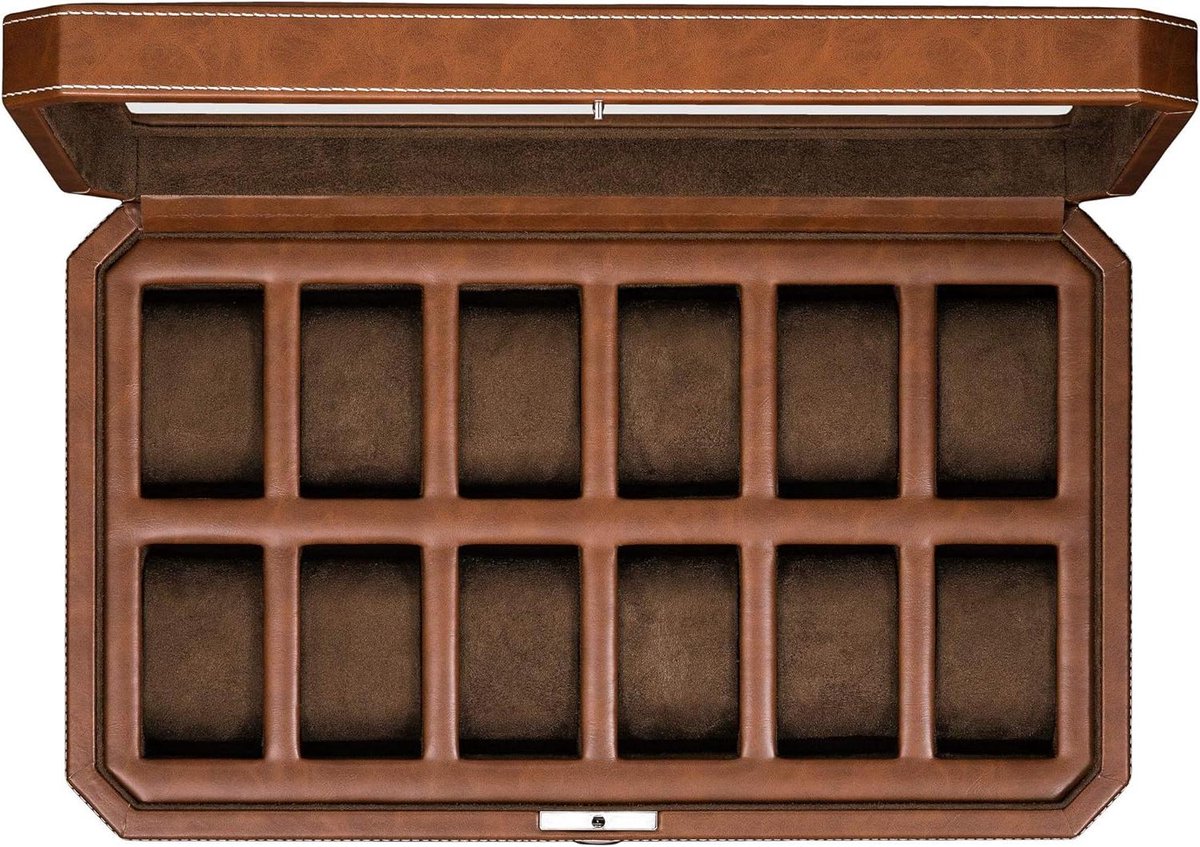 Luxe horlogedoos voor mannen - 12-sleuven displayorganisator met microsuède voering, vergrendelingssysteem, en grote glazen - opbergdoos voor heren sieraden en horloges