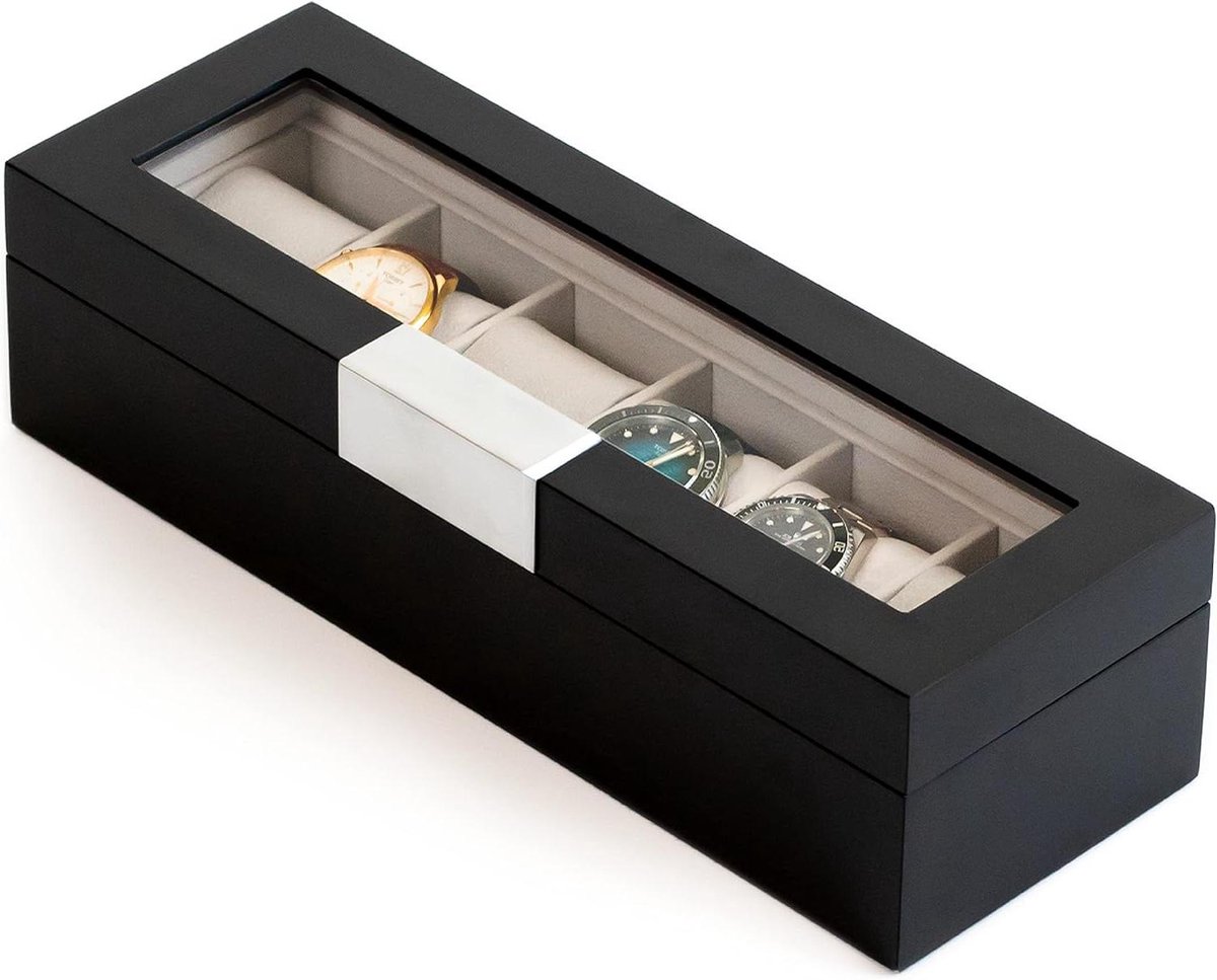 Moderne houten horlogedoos met 6 sleuven en metalen clip echt glazen deksel - slanke zwarte organizer voor collectie | vitrinekast | Herenhouder met glazen bovenkant