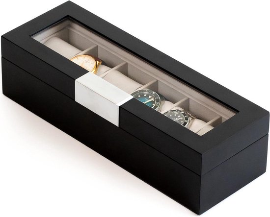 CASE ELEGANCE Horlogebox 2x3 moderne zwarte afwerking met aluminium handvat - voor 6 horloges met echt glas top