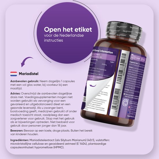 Bruine pot met mariadistel capsules. Tekst: "Open het etiket voor de Nederlandse instructies" en "Mariadistel".
