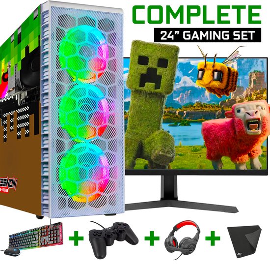 Foto: Screenon minecraft gaming set white gamepc 24 inch monitor toetsenbord muis controller headset muismat inclusief wifi bluetooth 