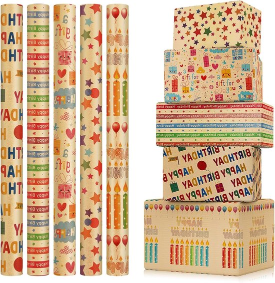 Dantolo Kraft Paper Birthday Gift Paper,Happy Birthday Wrapping Paper,6Sheets 70*50cm Brown Folded Paper with Jute Strings, Stickers and Bows for All Birthday Occasions