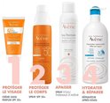 Vier Avene producten: crème, spray, thermale water en after-sun.