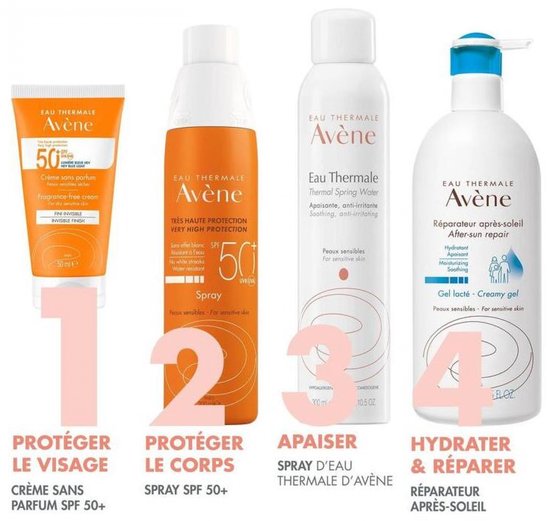 Vier Avene producten: crème, spray, thermale water en after-sun.