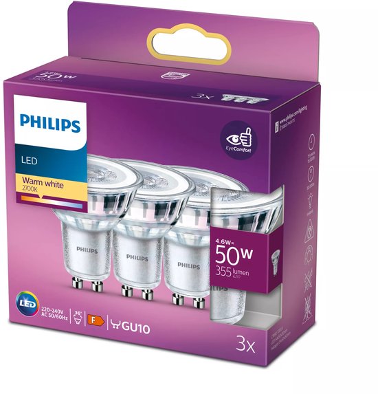 Philips GU10 LED spot | 3000K | Dimbaar | 4W (50W) Philips