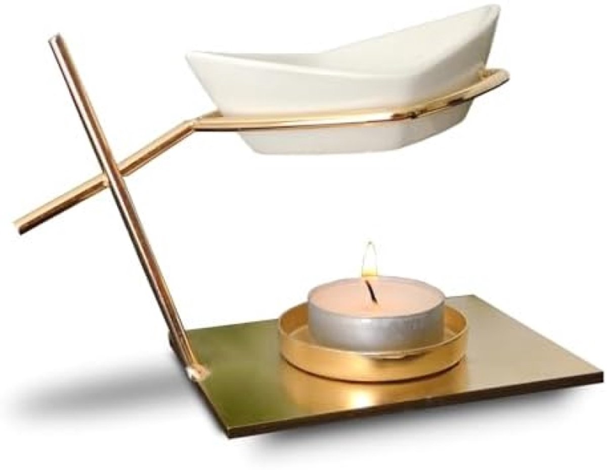PolkaHome Matelot Geurbrander - Keramiek en Metaal Diffuser voor Etherische Olie en Geurwas - Wit - Hoogte 10 cm