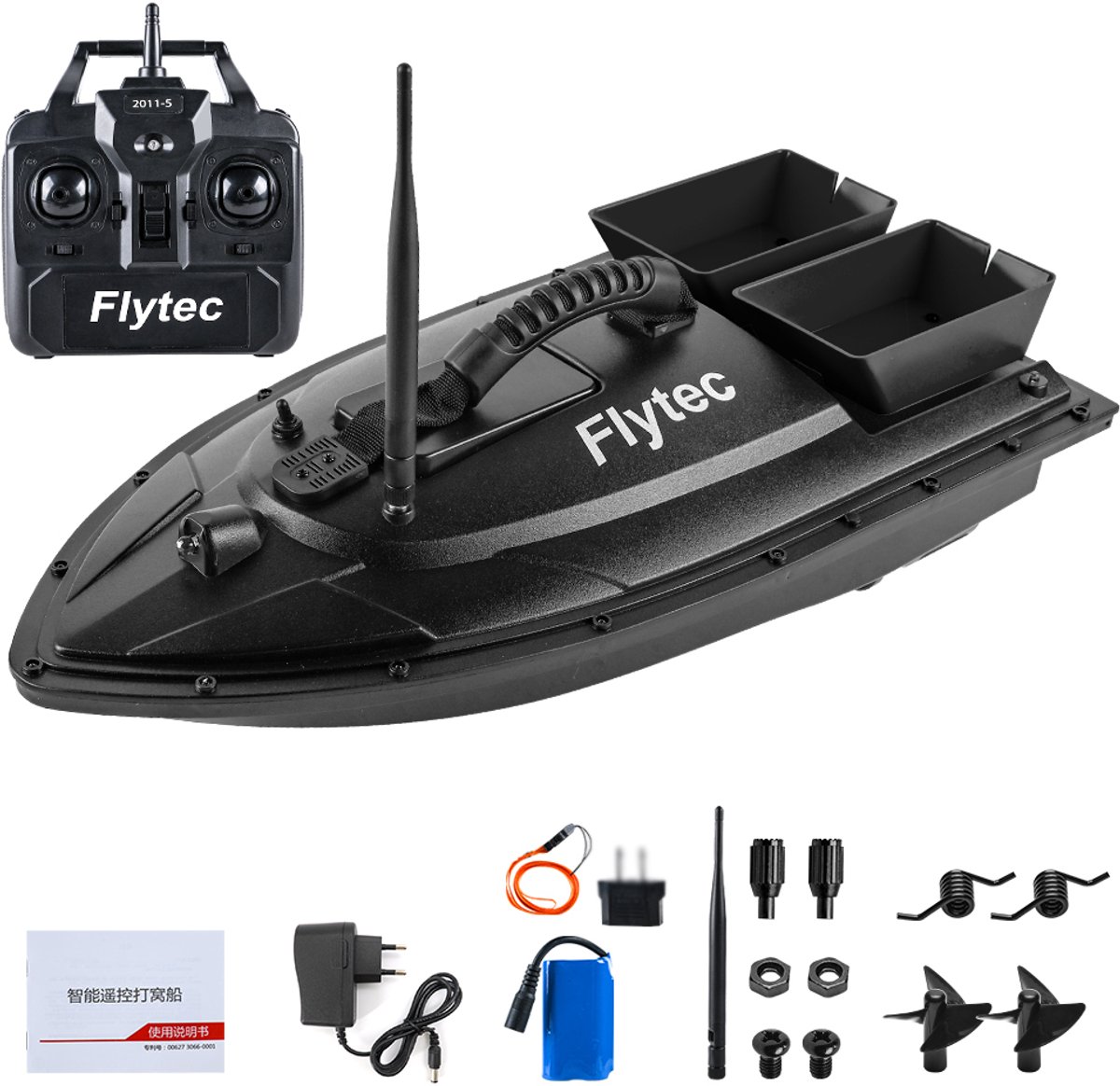 Draadloze Voerboot met Dubbele Voerbunker – 500M Bereik, 1.5KG Laadvermogen, Stil Dubbelmotorsysteem, 5200mAh Accu, Nachtvislampen – Zwart