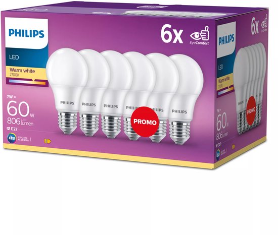 Energiezuinige Philips LED Lamp Mat - 60 W - E27 - warmwit licht - 6 stuks - Bespaar op energiekosten