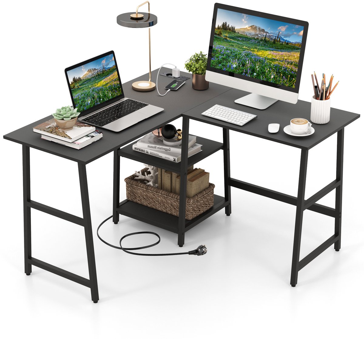 Costway Bureau L-vorm, hoekbureau met stopcontacten en USB-poorten, hoektafel met legplanken, computertafel, bureautafel voor thuiskantoor, 120 x 120 x 75 cm (zwart)