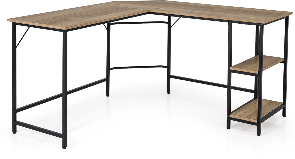 Costway L-vormig bureau, thuiskantoor bureau met 2 legplanken, computertafel met metalen frame en voetensteun, hoekbureau voor kantoor, slaapkamer, studeerkamer (natuur) Naturel