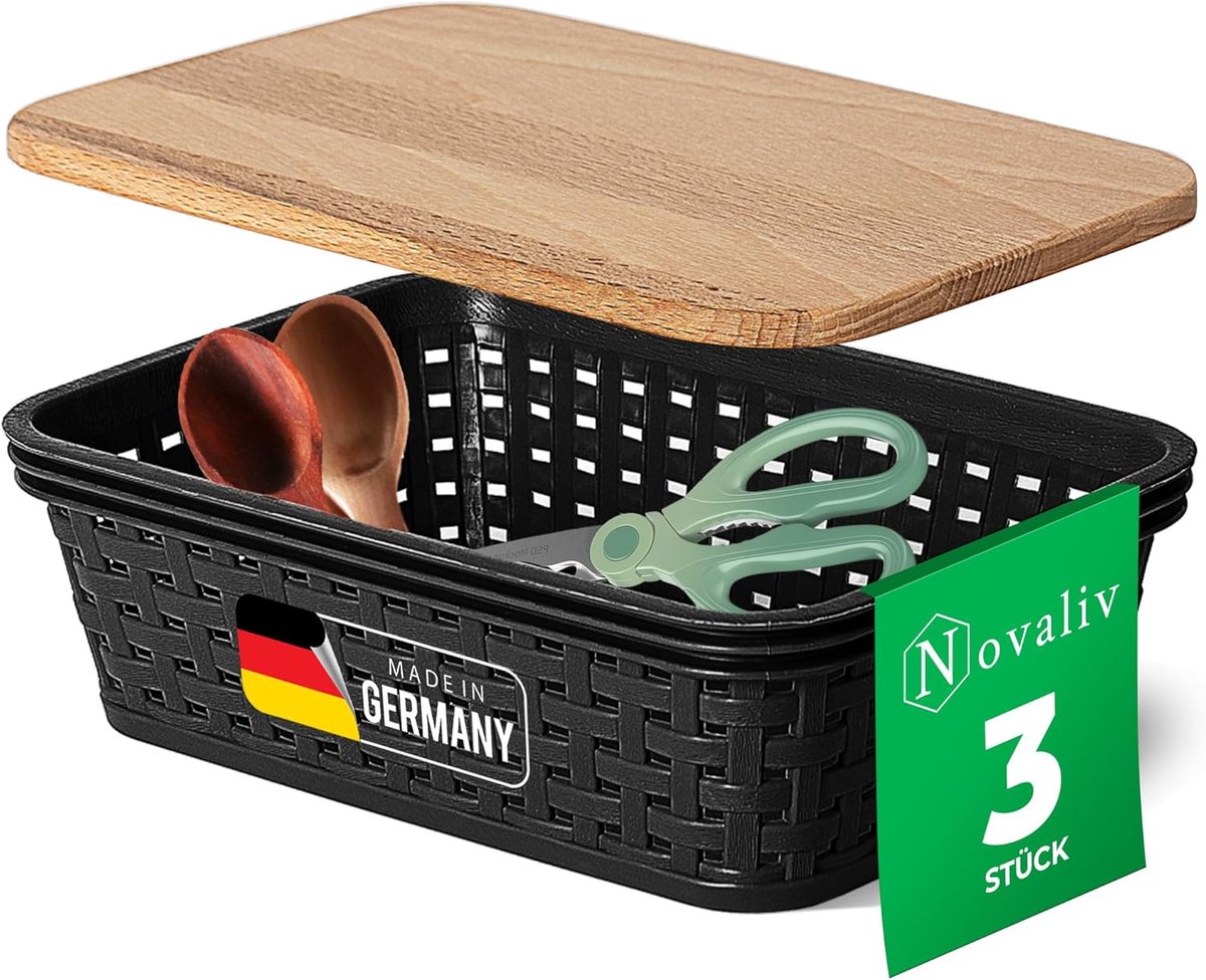Novaliv set van 3 opbergdozen met houten deksels voor de keuken, 1L, zwart, kunststof, rotanlook, keukenopslag en -organisatie, BPA-vrije kastorganizer, opbergdozen voor theezakjes, snacks, kruiden