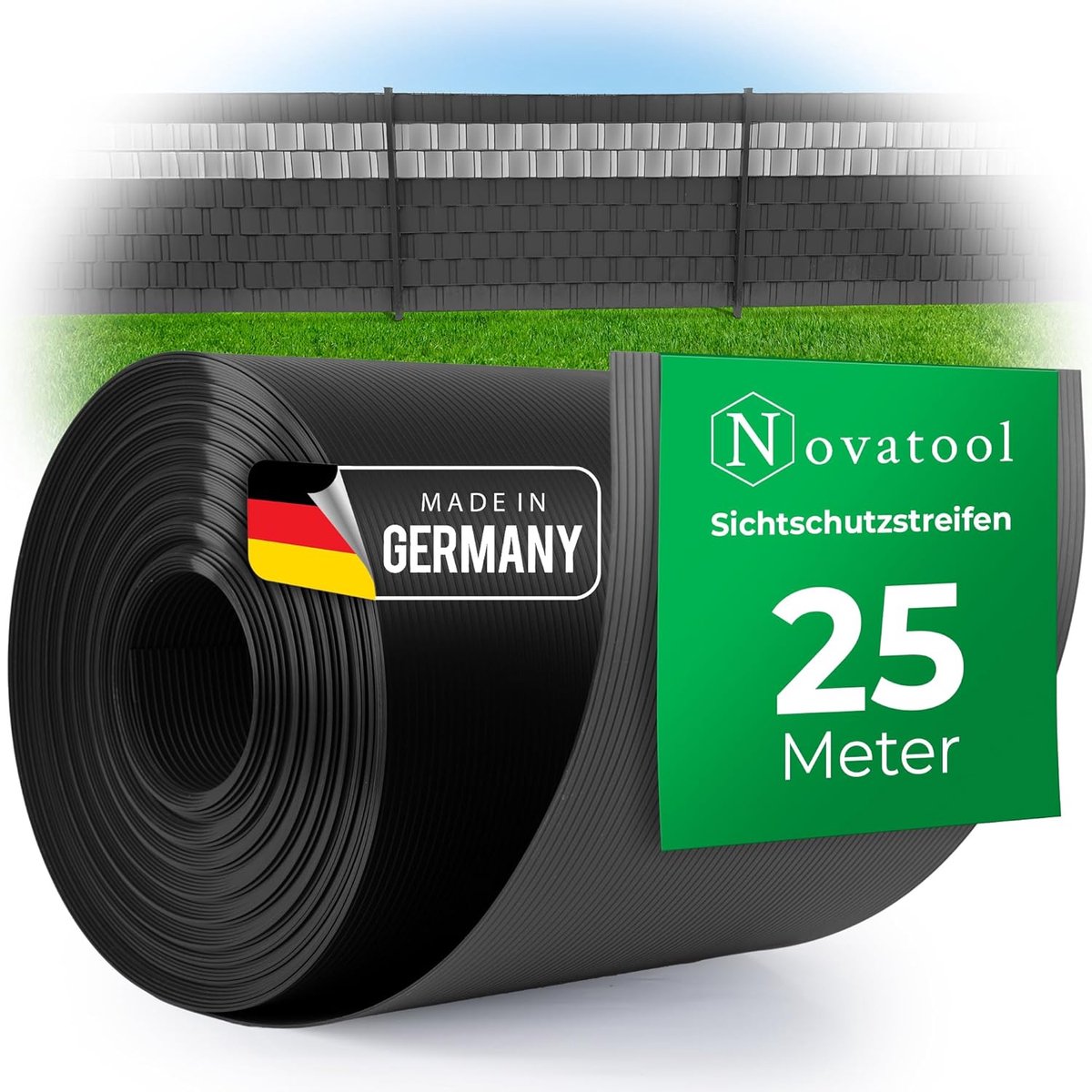 Novatool 25m rol PP Premium privacy strips voor dubbelstaafmatten ANTRACIET RAL 7016-19 cm voor 10 rijen staafgaas hekwerk privacy strips GRIJS met groeven hekwerk elementen privacy bescherming kwaliteit