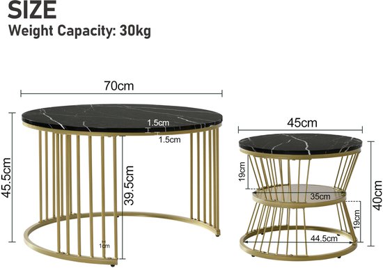 Set de 2 tables basses rondes 70/45 cm, table basse à pieds multiples, plateau motif marbre, pieds en métal doré, convient pour salon, salle à café, séjour - Zwart Goud