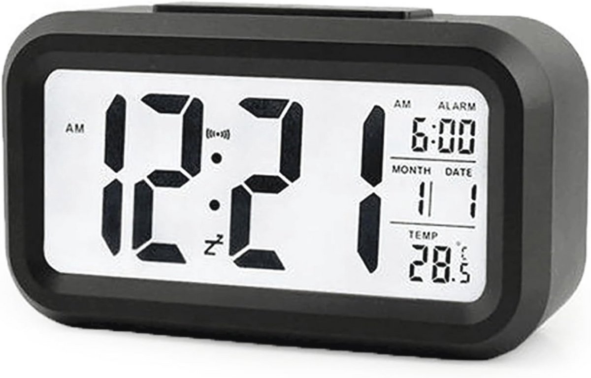 Digitale wekker 12/24 uur met achtergrondverlichting en temperatuurweergave – Zwart