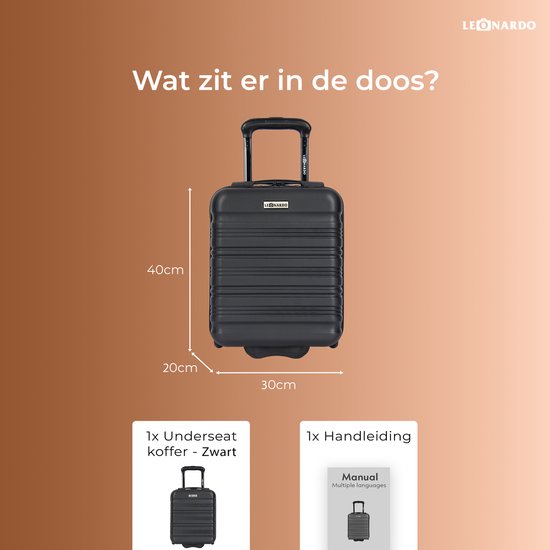 Handbagage 40x30x20 cm - Underseater voor Transavia, EasyJet en RyanAir - Reiskoffer - Trolley met Wielen - Reistas - Zwart - Leonardo