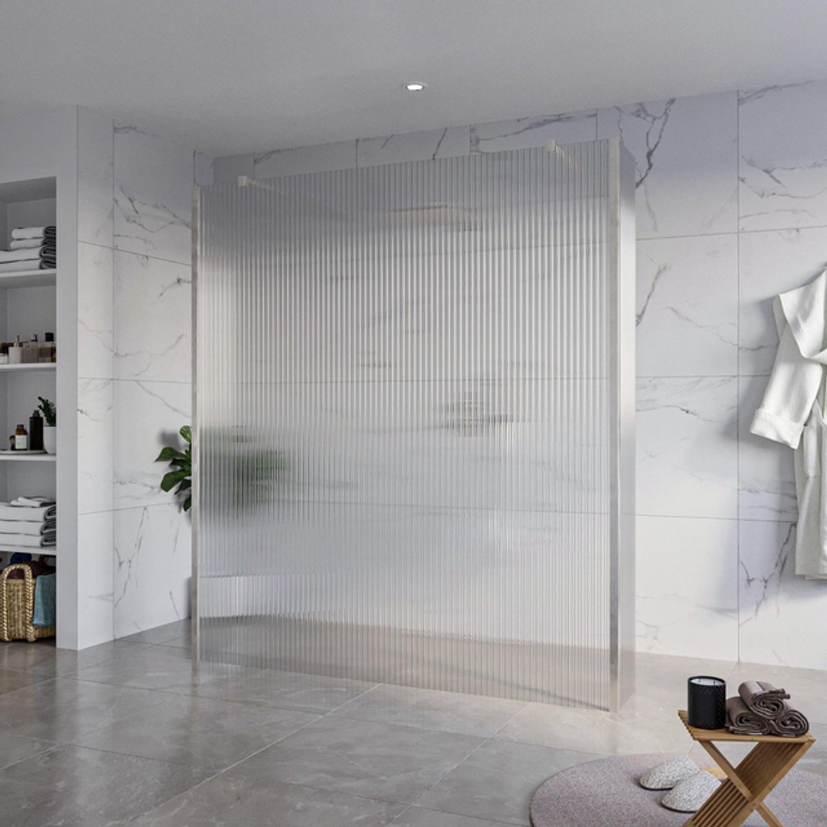 FugaFlow Eccelente Vetro Vrijstaande inloopdouche badkamer - 180x200cm - Helder geribbeld - antikalk - 8mm veiligheidsglas - 2 zijwanden 30cm - met wandarmen en hoekprofielen - RVS geborsteld -