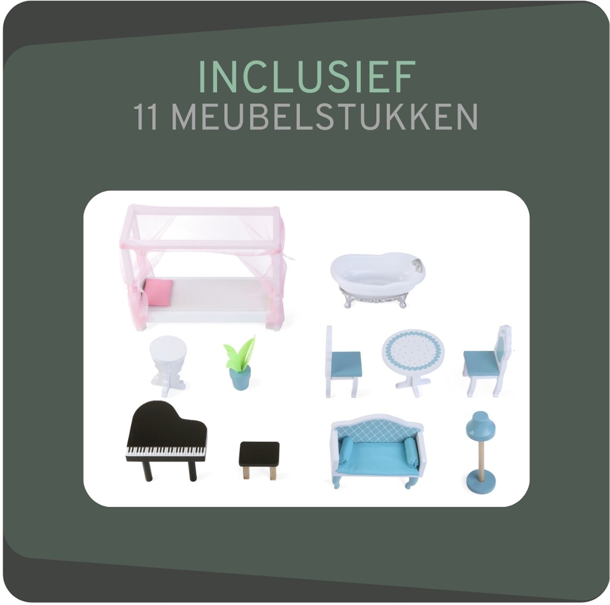 Bandits & Angels Houten Poppenhuis Sweet Country House vanaf 3 jaar 124 cm hoog Roze/Blauw - Inclusief 11 Meubeltjes - Geschikt voor grotere poppen - Poppen Huis - Poppen Meubels — afbeelding 5