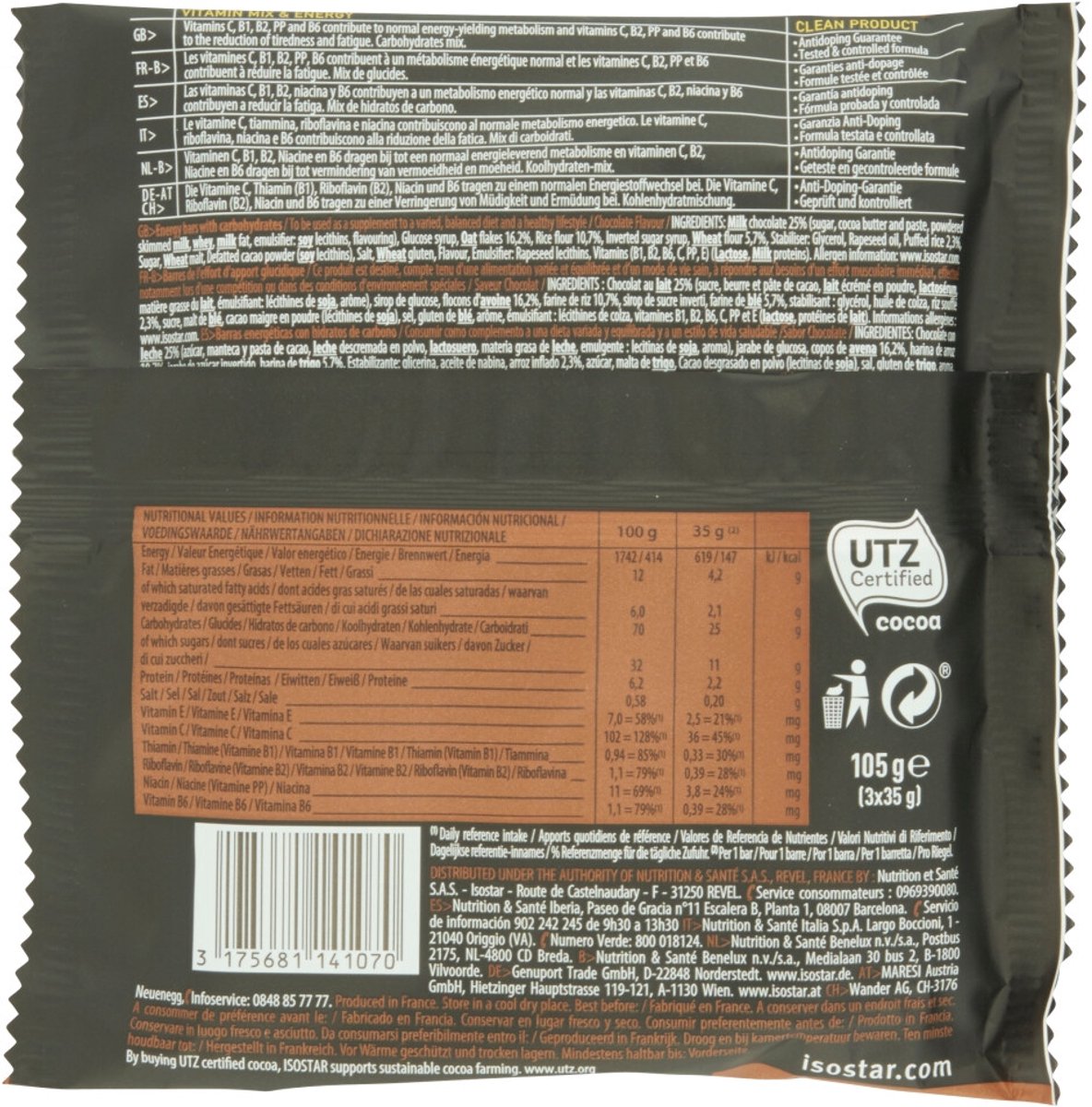 Isostar High Energy Sportreep Chocolade - 6 x 3 x 40 gr - Voordeelverpakking