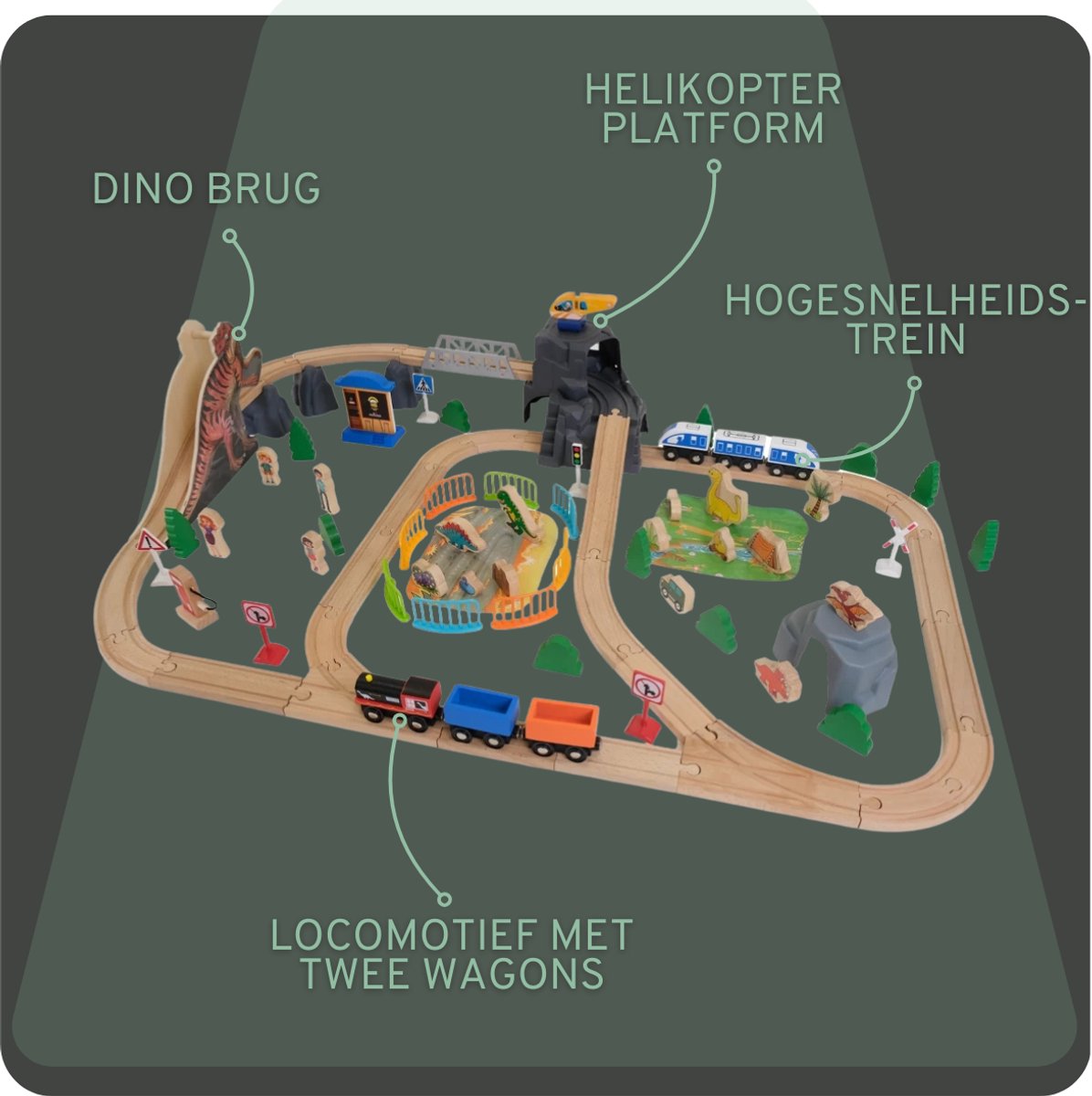 Bandits & Angels Houten Treinset Dinosaurus 90 delig vanaf 3 jaar voor Jongens en Meisjes - Trein Set van Hout voor Kinderen - Treinbaan met Accessoires - 90 delen — afbeelding 3