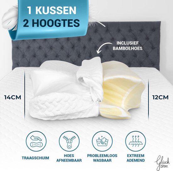 Oreiller orthopédique Glückstoff pour douleurs cervicales avec mousse à mémoire de forme - Oreiller ergonomique hypoallergénique, pour dormir et soulager les douleurs dorsales, adapté à tous les types de sommeil, y compris le sac en jute