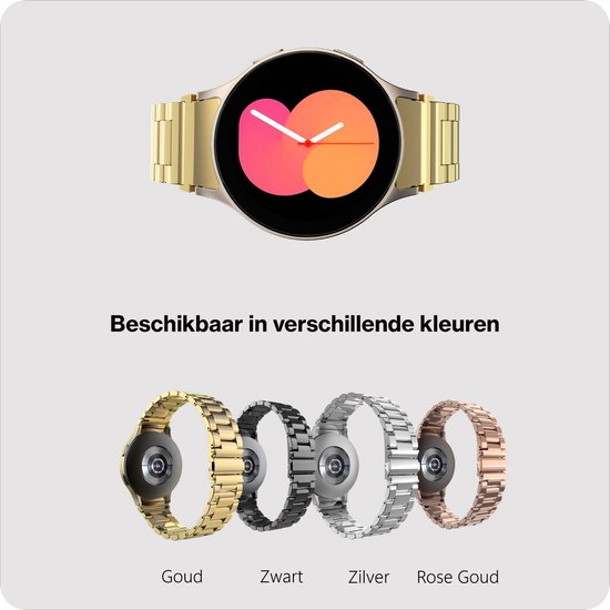 Gouden, zwarte, zilveren en roségouden horlogebandjes voor Samsung Galaxy Watches, elk met een gouden horloge.