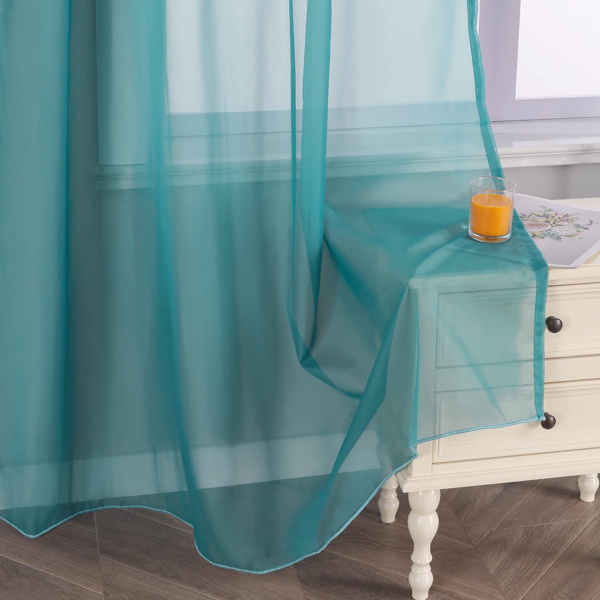 Ibenzoa Gordijn van Transparante Voile met Plooiband voor Sfeervolle Raamdecoratie in Diverse Kleuren water