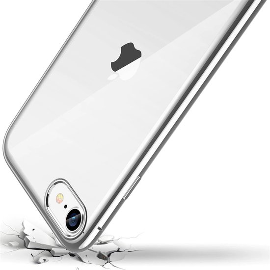Duidelijke iPhone hoes, zilveren rand, gebarsten grond effect onderaan.