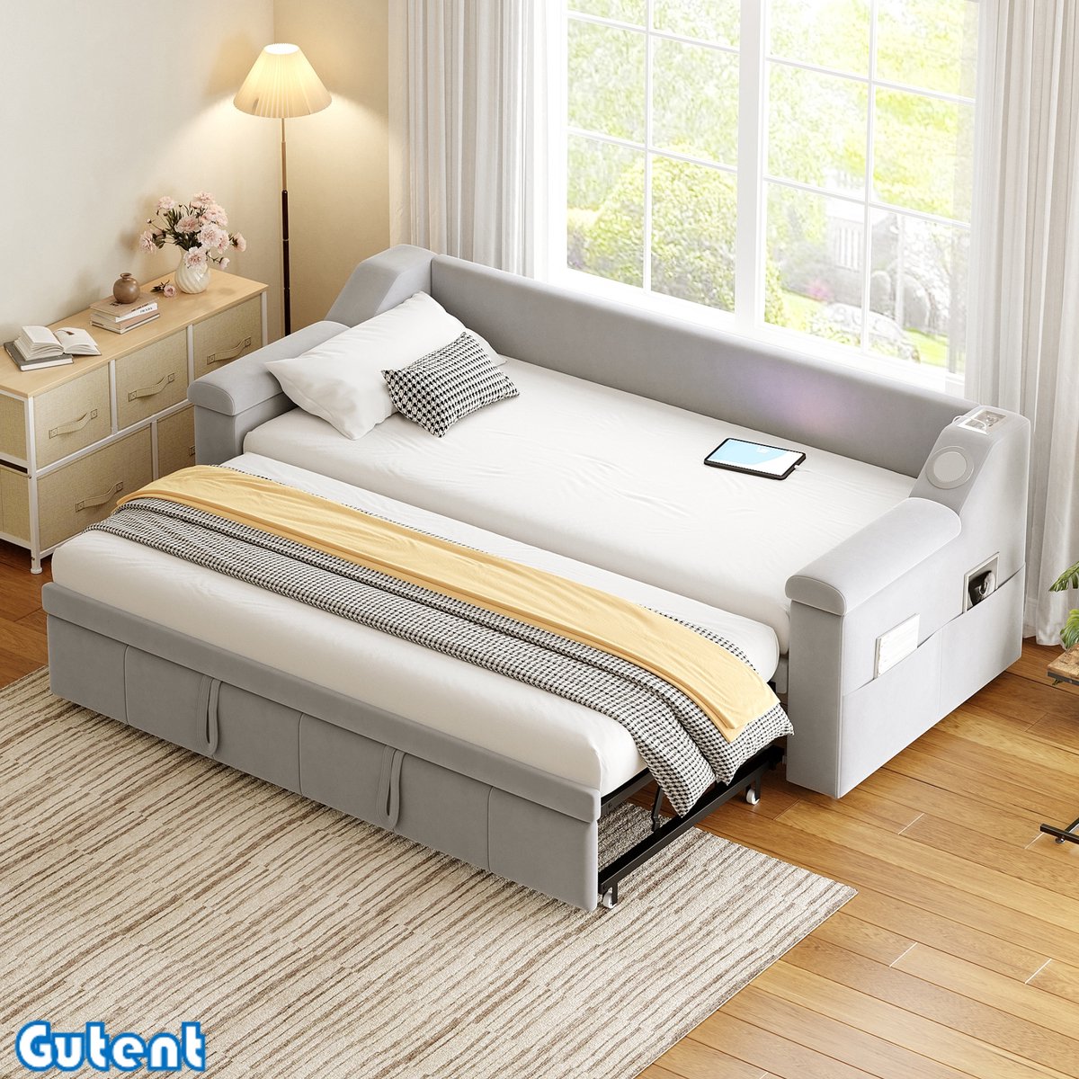 Gutent Slaapbank - 90/180*190 cm - met slimme Bluetooth-stereo - met USB-oplaadaansluiting - Opbergruimte - Fluweel - Lichtgrijs- Geen matras