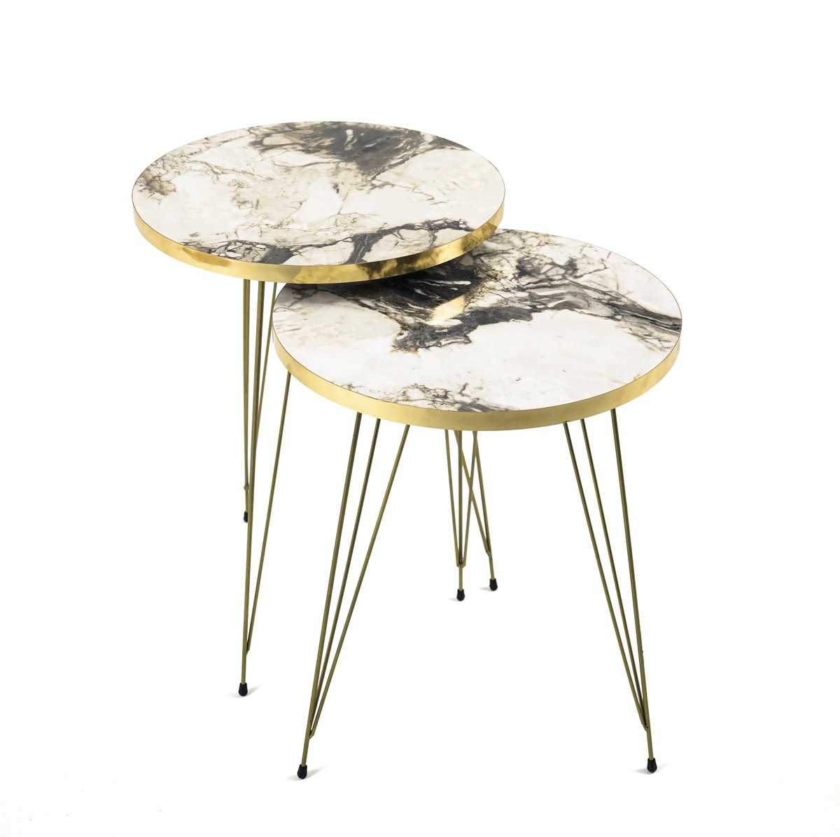 Ronde Nesttafel Set van 2 - Gouden Poten met Marmerprint, Moderne Bijzettafels - Wit