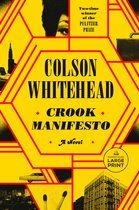 Boekhoes met gele achtergrond, rode geometrische patronen, 'Crook Manifesto' door Colson Whitehead, Pulitzerprijs-winnaar.