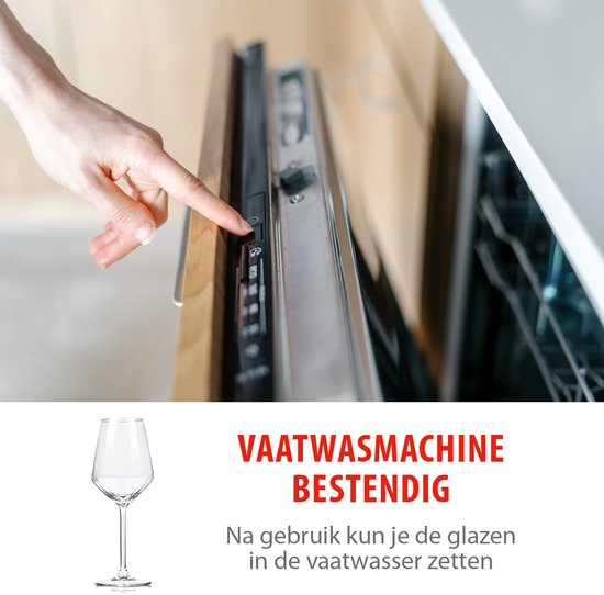Hand drukt op bedieningspaneel van vaatwasser, naast een leeg wijnglas.