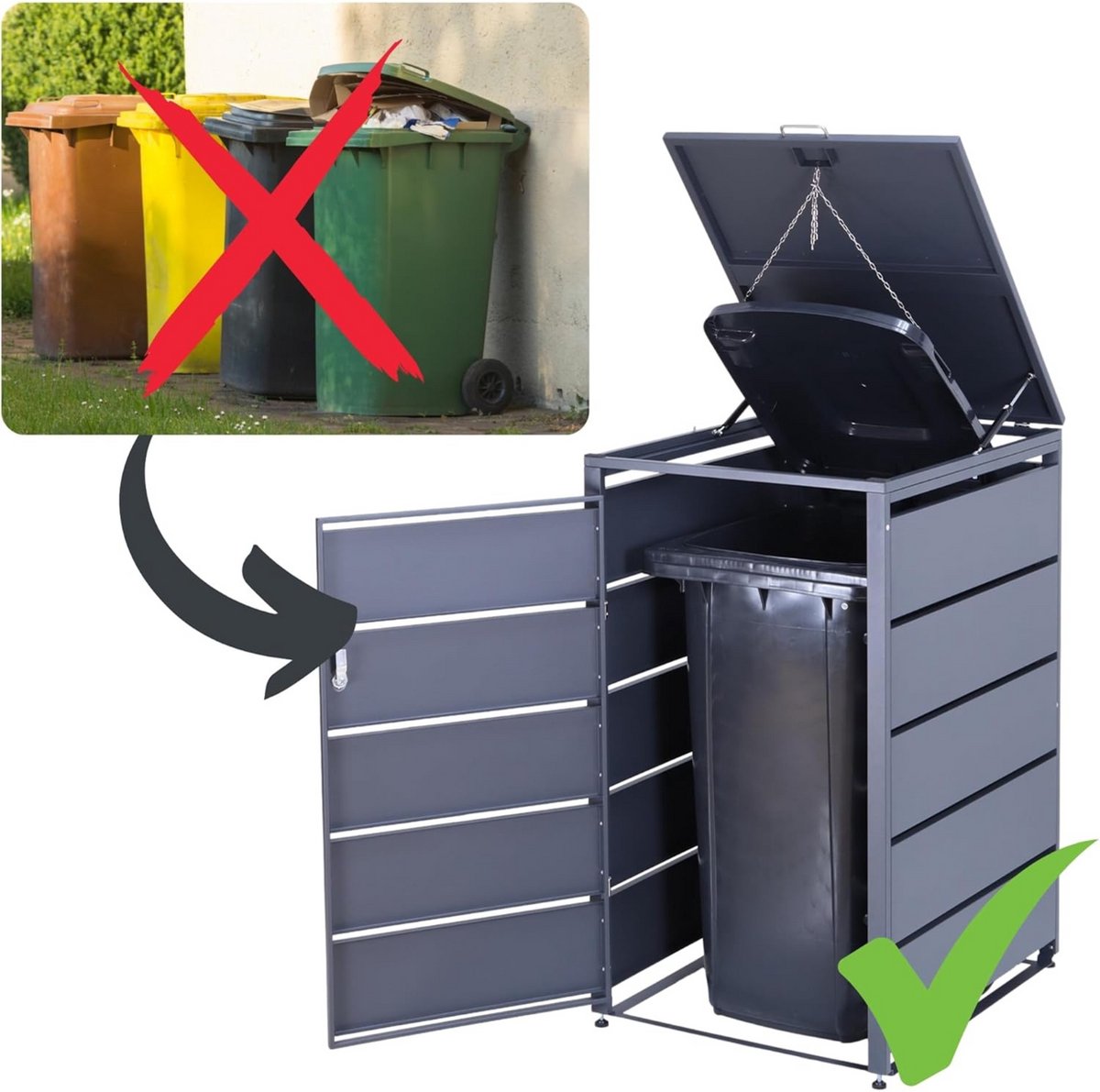 Albatros afvalcontainerbox voor 3 containers | tot 240 liter | antracietgrijs RAL 7016 | verzinkt staal | premium dempers | stickerset | weerbestendig | verstelbare poten | deurklink met slot | tuinbox — afbeelding 3