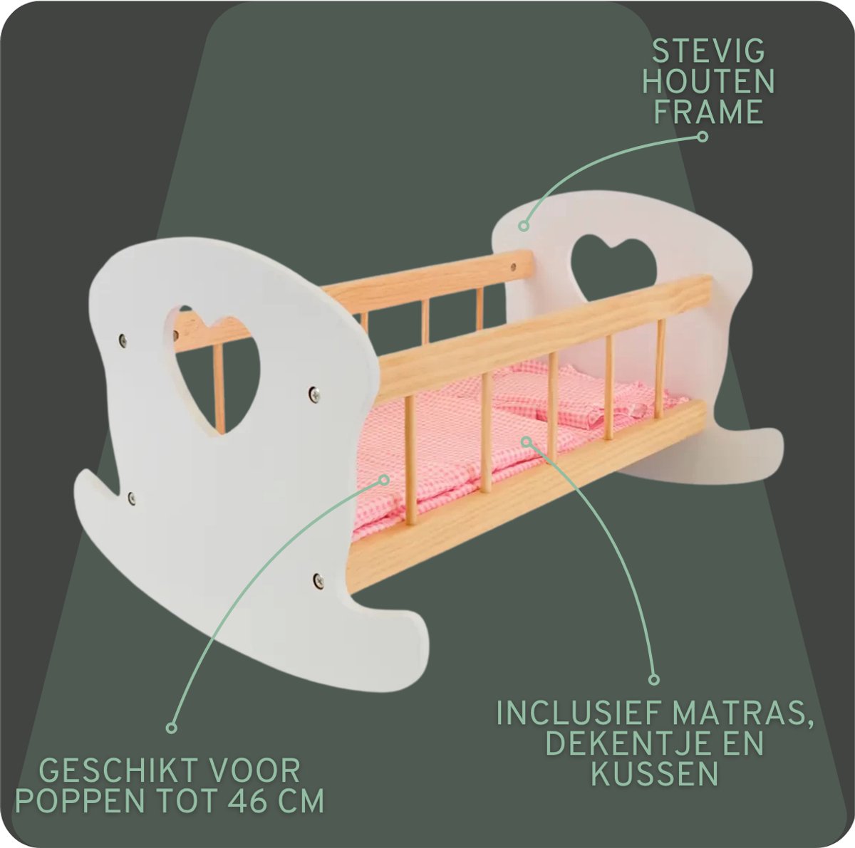 Bandits & Angels Houten Poppenbedje Sweet Dreams Wit Hout met Hart - Poppenbed Hout - Geschikt voor Pop tot 46 cm - Inclusief Dekentje - Poppen Bed - Poppen Meubel — afbeelding 9