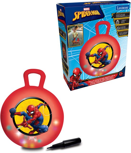 Rode skippybal met Spiderman-afbeelding, naast de verpakking en een handpomp.